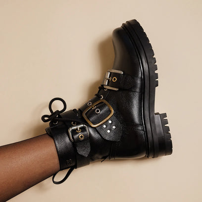 Abby Dames Biker Boots Leer Black